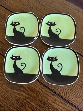 Hues N Brews Green Black Cat Mug Saucer Set Of 4 Cattitude Retro Ceramic